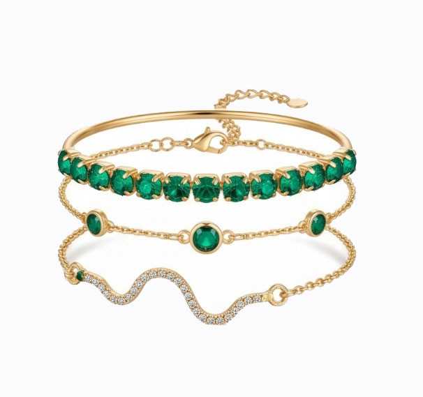 Luxurious Gold Stackable Bracelet Set with Emerald-Green and Clear Crystals