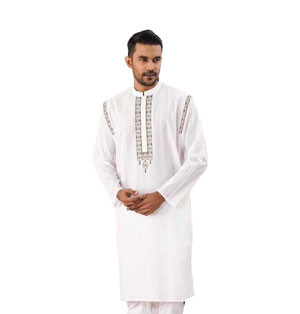 Short Panjabi  -  White color design cotton Panjabi