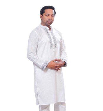 Short Panjabi -Fashionably Embroidered White Cotton Panjabi