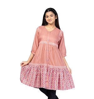 Girls Kids - Dusty Peach Printed Mixed Cotton Frock